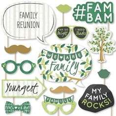 a bunch of photo props that are on top of a stick with the words family reunion