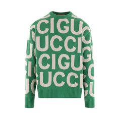 Jacquard Wool Sweater-GUCCI-JOHN JULIA Green Knitwear, Gucci Sweater, Men Logo, Makeup Travel Case, Gucci Logo, Logo Pattern, Sweater Sale, Green Sweater, Gucci Men