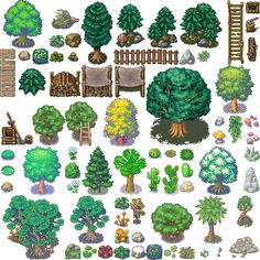 an illustrated garden with trees, bushes and other things to see in the game's map