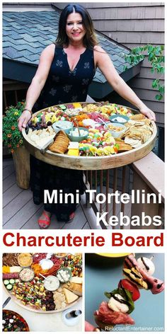 a woman standing in front of a table filled with lots of different types of food