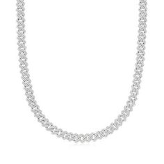 Ross-Simons - Men's 11.00 ct. t.w. Cubic Zirconia Link Necklace in Sterling Silver. 20". For the gentleman who likes to shine! This stately and substantial link necklace is set aglow with an impressive 11.00 ct. t.w. round brilliant-cut CZs in polished sterling silver. Double-latch safety. Box clasp, men's CZ link necklace. CZ weights are diamond equivalents. Classic Iced Out Necklace For Formal Occasions, Formal White Gold Cuban Link Necklace, Classic Diamond Cuban Link Necklace, Classic Diamond Cut Cuban Link Necklace For Formal Occasions, Formal Cuban Link Necklace With Bling, Formal Bling Cuban Link Necklace, Formal Silver Iced Out Chain Necklace, Formal Silver Diamond Necklace With Curb Chain, Formal Classic Cuban Link Diamond Necklace