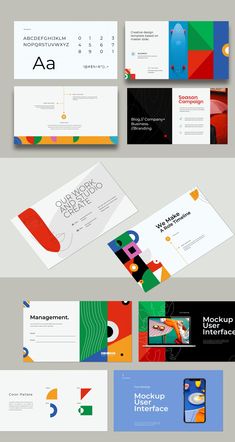 an assortment of business cards and envelopes with different designs on the front, back and sides