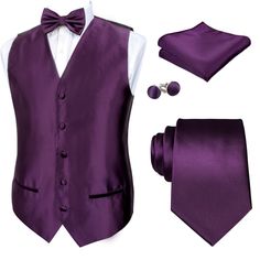 Mens Classic 5pc Solid Color Suit Vest Set Size: Tie width: 3.5 "; Tie length: 59". Pocket Square: 10"*10". The pre-tied bow tie measures approximately 4.7"(L)x2.75"(W). Adjustable neck size is approximately 14.5" to 19". Detailed Size Chart of the suit vest: S: Chest 43.5"---Waist 42.5"---Shoulder 15.8"---Front Length 27"---Back Length 24.5" M: Chest 45"---Waist 44"---Shoulder 16"---Front Length 29"---Back Length 26" L: Chest 46.5"---Waist 45.5"---Shoulder 16.7"---Front Length 30"---Back Length Purple Vest, Satin Suit, Purple Vests, Mens Suit Vest, Vest Set, Tie Length, Pre Tied Bow Tie, Suit Vest, Mens Accessories Fashion