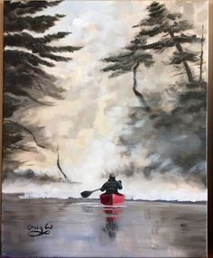 a painting of a person in a canoe on the water