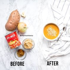 the ingredients for this soup are shown before and after being cooked