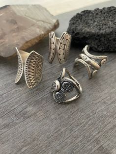 You can choose between 4 different and unique sterling silver rings. Each has a different style and design, but all are perfect for your day by day outfits and super comfy and easy to match with other accessories and any outfit. In one of the pictures you can see a number that represents each ring for you to choose from. Ring #1- Size 8.75, can be open to a bigger size but this will create a gap in the front. And the ring is 2.7cm- 1.10 inch long Ring #2- Size 8.5 , can be open to a bigger size Silver Rings With Unique Variations For Anniversary, Silver Rings With Unique Designs For Anniversary, Unique Silver Open Ring, Elegant Silver Ring With Unique Variations, Unique Handmade Silver Midi Rings, Unique Stackable Wide Band Sterling Silver Rings, Unique Handmade Stackable Rings With Open Band, Silver Open Ring Jewelry With Unique Variations, Bohemian Sterling Silver Wide Band Ring