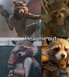 four pictures with the caption'hear me out'and rocket raccoon