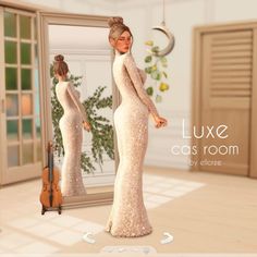 a woman is standing in front of a mirror wearing a white dress and holding a violin