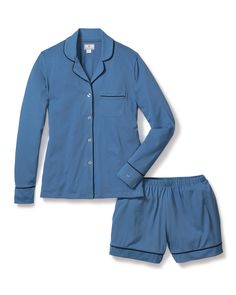 Head to sleep in simple sophistication. This versatile, serene blue long sleeve short set is fabricated in pima cotton, offering a cozy feel that gets softer over time. For the warmer months, an abbreviated version of our Classic PJs with all the same refinement (lovely tailored piping details, deep pockets) but in a flirty, comfortable mid-thigh length short. For thousands of years, Pima cotton has been considered royalty in the realm of textiles. This design features 100% yarn-dyed Peruvian Pi Bridal Slippers, Christmas Traditions Family, Loungewear Dresses, Pink Holiday, Matching Baby, Matching Pajamas, Linen Shop, Silk Twill, Short Pajama Set