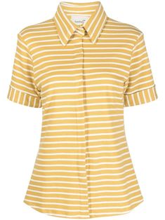 yellow cotton stripe print button-down collar short sleeves Striped Short Sleeve Shirt, Yellow Shirts, Striped Short, Blouse Outfit, Romper Pants, Cardigan Coat, Striped Shorts, Stripe Print, Tank Shirt