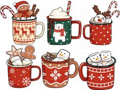 christmas mugs filled with hot chocolate, marshmallows and candy canes