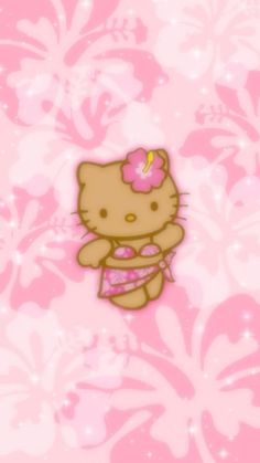 the hello kitty wallpaper is pink and has a flower in it's hair