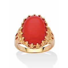 PalmBeach Jewelry exclusive. One of the most precious offerings simulated coral cabochon, in an oval shape, lends its beauty to a ring you'll treasure. Gold-plated. Sizes 5-10. 18513 Size: 7.  Color: Orange.  Gender: female.  Age Group: adult. Yellow Gold Cocktail Ring, Orange Ring, Oval Cut Ring, Palm Beach Jewelry, Gold Statement Ring, Gold Cocktail Ring, Coral Ring, Orange Coral, Gold Cocktail