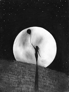 a black and white photo of a person standing in front of the moon with a balloon attached to it