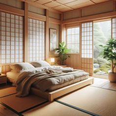 a bed sitting inside of a bedroom next to a window covered in bamboo sheets and blankets