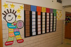 a school hallway with colorful bulletin boards on the wall