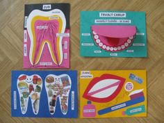 four different toothbrushes and magnets on a wooden table with paper cut outs