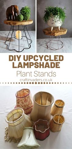 some plants that are sitting on top of a wooden table with the words diy upcycled lampshade