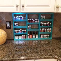 a kitchen counter topped with lots of bottles