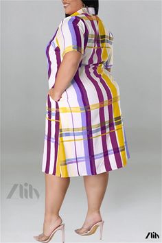 Olivia Mark - Professional Plus Size Patchwork Shirt Dress with Turn-Down Collar in a Fashionable Purple Plaid Print Purple Fashion Casual, Collar Shirt Dress, Solid Midi Dress, Shirt Collar Styles, Dress Item, Collared Shirt Dress, Dress Sleeve Styles, African Clothing Styles, Purple Plaid