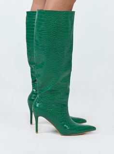 Knee high boots   Princess Polly Exclusive  Faux leather material     Croc print   Pointed toe   Stiletto heel   Heel height: 10cm / 3.9in Holiday Party Shoes, Clubbing Outfits, Baby Crop Top, Green Heels, Pink Formal Dresses, Croc Print, Disco Outfit, Holiday Party Outfit, Strapless Tops