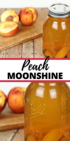 two jars filled with peaches sitting on top of a wooden cutting board next to sliced peaches