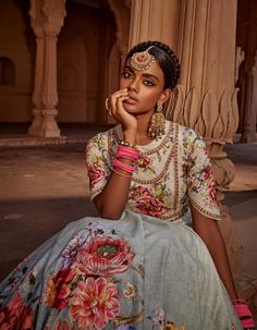 Featuring a vintage floral design anarkali beautifully adorned with intricate hand embroidery and threadwork embroidery on the yoke and the floral motifs. The outfit is paired with a coordinated dupatta pre draped in a modern style. Indian Editorial, Threadwork Embroidery, Luxury Aesthetics, Sarees Traditional, Blue Anarkali, Printed Anarkali, Fashion Sarees, Vintage Floral Design, Tulip Sleeve