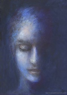 a painting of a woman's face with her eyes closed and the background is blue