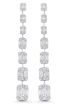 Graduated lines of emerald-cut and pavé-set diamonds flow from your lobes in these icy 18-karat-gold drop earrings. Total diamond weight: 4.91ct. Color: G–H Clarity: VS–SI Diamond/18k gold Imported >Diamond Guide Emerald Cut Diamond Earrings, White Diamond Jewelry, Gold Diamond Drop Earrings, Diamond Guide, Diamond Hoop Earrings, Diamond Drops, Opal Earrings, Emerald Cut Diamonds, Diamond Drop Earrings