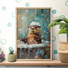 a painting of a sea otter in a bathtub with soap bubbles on the wall