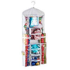 an over the door storage rack with christmas presents