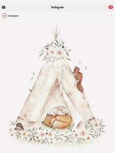 a watercolor drawing of a teepee tent with two animals sleeping in front of it