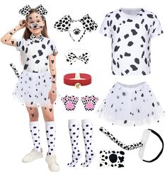 PRICES MAY VARY. Dalmatian Costume Set: You will receive 1 101 Dalmatians dog costume T-shirt, 1 dog ear headband, 1 bowtie, 1 bell collar, 1 paw gloves, 1 felt tail, 1 tutu skirt, 1 spot tattoo sticker and 1 spotted knee length socks, which are rich, cute, and exciting to add to meet your role-playing needs. Size Details: Please refer to the size chart in the picture to choose the appropriate size for the 101 dalmatians costume T-shirt. These sizes are suitable for most children to wear. High Q Outfit With T Shirt, Dog Ear Headband, 100 Days Of School Costume, Dalmatian Dog Costume, 101 Dalmatians Costume, Dog Costumes For Kids, Spot Tattoo, Dog Ears Headband, The 101 Dalmatians