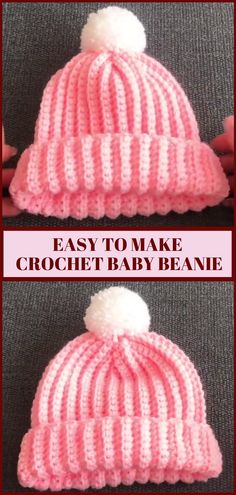 crochet baby beanie with pom - pom in pink and white