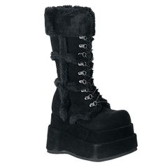 Gorgeous Black Vegan Suede Platform Calf Boot With Faux-Fur Trim. 4 .5" Platform, Us Women's Sizing. Black Fur Boots, Demonia Shoes, Velvet Boots, Gogo Boots, New Rock, Fur Boots, Boots Knee, Soft Grunge, Mid Calf Boots