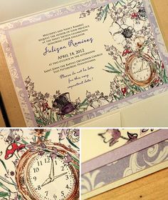 the wedding card is decorated with flowers and an ornate clock