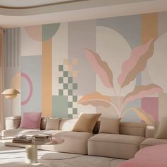 a living room filled with furniture and walls painted in pastel colors