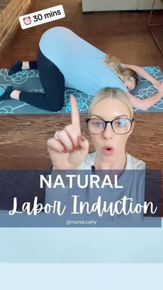 two women doing yoga on mats with the words natural labor induction written in front of them