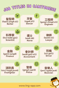 an info sheet with the words job titles in chinese and english, along with pictures of various jobs