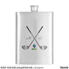 a flask with two golf clubs and a ball on it