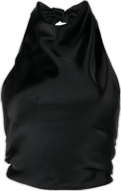 Fitted Silk Halter Top For Night Out, Elegant Black High Neck Halter Top, Black High Neck Halter Top For Night Out, Sleek Black Halter Top, Satin Halter Neck Top For Night Out, Sleek Black Sleeveless Halter Top, Sleek Black Halter Top For Night Out, Silk Halter Neck Top For Night Out, Black Satin Tops For Evening