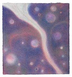 an abstract painting with blue, pink and white circles in the center on a purple background