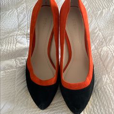 Black, Orange, And Gold Heels. Never Worn. Chic Orange Wedge Heels, Orange High Heels For Work, Orange Heels For Work, Orange Pointed Toe Heels For Work, Chic Orange Heels For Workwear, Chic Orange Heels For Work, Orange And Gold, Gold Heels, Black Orange