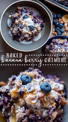 baked banana berry oatmeal with blueberries and yogurt on top