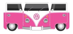 a pink and white vw bus with the front window open on a white background