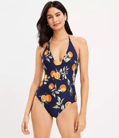 LOFT Beach Orange Harvest Plunge One Piece Swimsuit Halter Top Tankini, Bandeau One Piece Swimsuit, Plunging One Piece Swimsuit, Beach Getaway, Floral One Piece Swimsuit, Cut Out One Piece, Green Swimsuit, Halter One Piece Swimsuit, Trendy Swimwear