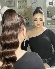 Hairstyles For Weddings Ponytail, Long Tail Hairstyle, Hairstyles Prom Ponytail, Hair Model For Wedding Guest, Elegant Hair Styles For Prom, Formal Hairstyles Ponytail High Pony, Elegant Hairstyles Ponytail, Ponytail Elegant Hairstyles, Sleek Hair With Curls