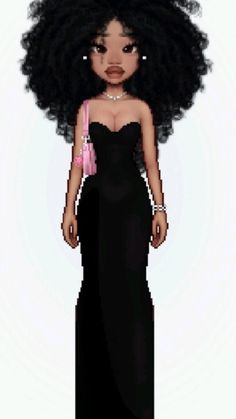 an animated woman in a black dress with large afros on her head and long hair