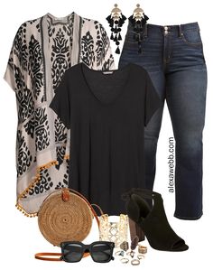 Plus Size on a Budget Kimono Outfit with black t-shirt, bootcut jeans, rattan straw bag, boho accessories and statement earrings. Plus Size On A Budget, Khaki Shorts Outfit, Look Hippie Chic, Alexa Webb, Budget Outfits, Plus Size Kimono, Kimono Outfit, Mode Kimono, Look Plus Size