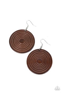 A shiny brown wooden disc is engraved in circular details, resulting in a dizzying pop of color. Earring attaches to a standard fishhook earring.

 Sold as one pair of earrings. Gray Necklace, Brown Earrings, Brown Bracelet, Mixed Metal Jewelry, Disc Earrings, Fish Hook Earrings, Skull Earrings, Paparazzi Accessories, White Necklace